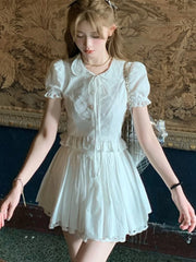 LIZAKOSHT - Y2K Two-piece Skirt Set Women Puff Sleeve Kawaii Shirt Ruffles A-line Lace Mini Skirt Korean Fashion Casual Summer Solid Suit