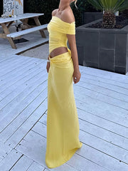 LIZAKOSHT - Summer Women Casual Hollow Out Party Dress, Holiday Slash Neck Patchwork Maxi Dress, 2025 Solid See Through Simple Ladies Dress