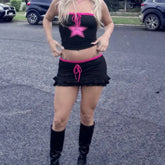 LIZAKOSHT - New Women's Sexy Strapless Vest With Hip Strap Short Skirt Set Vintage Cute Skinny Kawaii High Waist A Line Mini Skirt