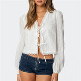LIZAKOSHT - Long Sleeve Tie-up Hollowed Ladies Jacket Fall Spring Tops Women Boho Vintage Embroidery Cardigan T shirt Top Vintage Streetwear