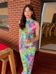 LIZAKOSHT - Summer Flower-Print Sleeveless Skinny Beach Long Dress Vacation For Woman 2024 Sexy Backless Bandage Chic Party Vestidos
