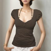 LIZAKOSHT - Beaded Halter-neck Top Pink Brown Color Elegant Fashion Slim-fitting T-shirt French Style Chest Folds Clothes Summer