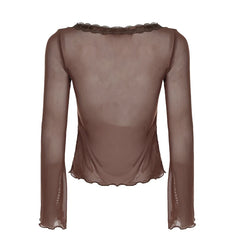 LIZAKOSHT - Y2K Lace Patchwork Mesh Long Sleeve Cardigan Tie Up Sexy Brown See Through Smock Top Vintage Stylish Streetwear 90s