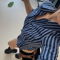 LIZAKOSHT - Shirt Striped Lapel Revealing Navel Waist Design Sexy Cropped Top Fashion Shirt Women'S Spring Summer Shirt