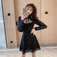 LIZAKOSHT - Black Princess Dress Women Long Sleeve Halter Style Floral Dress Vintage Improved Cheongsam Slim Mini Skirts Fashion Party Wear