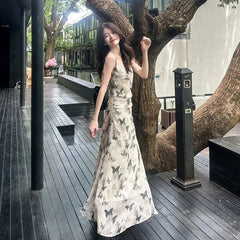 LIZAKOSHT  -  Temperament Female Dress Womens New Fashion Sexy Sleevess Long Skirt Elegant Summer Ink Butterfly Floral Camisole Dresses
