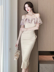 LIZAKOSHT - Sexy Backless Off Shoulder Midi Dresses for Women Summer New Korean Slim Folds Ruffled Prom Party Vestidos Female Clothes