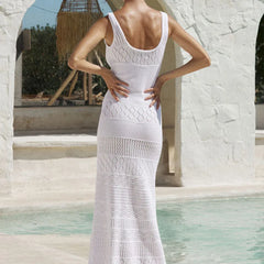 LIZAKOSHT - Summer Casual Hollow Out Knitted Slim Dress Female Sleeveless Lace-up Holiday Beach Dress Women Seaside V-Neck Long Dress