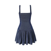 LIZAKOSHT - Women Smocked back Button Christa Denim Mini Dress Blue Denim