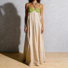 LIZAKOSHT - Women Loose Fit Maxi Dress Summer Sleeveless Patchwork Contrast Color Flowy Dress Beach Party Back Tie Long Dress