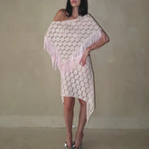 LIZAKOSHT - Y2K Coquette 2 Piece Set for Women Stylish Pink Mesh Tassels Boat Neck Tops and Asymmetrical Fringe Midi Skirt Beachwear