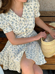 LIZAKOSHT - 2026 Summer New Floral Short Sleeve Dress Women's Elegant Slim Fit Sweet Button Front Puff Sleeves Mini Dress