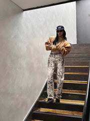 LIZAKOSHT - Baggy Wide Leg Jeans Women High Waisted Retro Leopard Print Straight Jeans High Street Streetwear Y2k Vintage Denim Trousers
