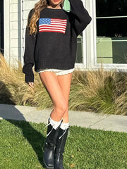 LIZAKOSHT  -  Women s Vintage American Flag Print Sweatshirt Long Sleeve Round Neck Loose Pullover Autumn Winter Tops Patriotic Fashion