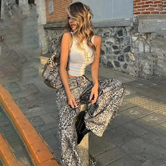 LIZAKOSHT - New Leopard Print Retro Straight Long Pants For Women Loose Slightly Flared Trousers Female Streetwear Club Party Pants