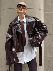 LIZAKOSHT - Solid PU Leather Biker Short Jacket Women Lapel Collar Full Sleeve Zipper Belted Hem Jacket 2025 Autumn Female New Edgy Outfit