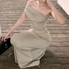 LIZAKOSHT - Women's Summer One Shoulder Pleated Slimming Top, Slim Fit Half Skirt, Long Skirt Two-Piece Set
