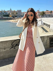 LIZAKOSHT - Plaid Vintage Summer Skirt Set for Women Spring Casual New in Dress Set 2 Pieces Red Midi Dress Beach Matching Set