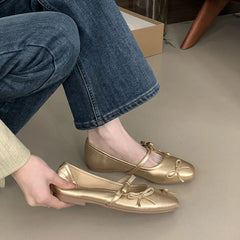 LIZAKOSHT  -  Women Flats Shoes Fashion Bow Knot Shallow Ballet Ladies Shoes Spring Footwear Casual Mary Jane Gold Sliver Red Ballerina Mujer