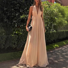 LIZAKOSHT - New Summer Deep V-neck Long Evening Dress with Folded Hanging Neck and backless Dress