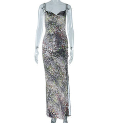 LIZAKOSHT - Fashion Strap Dress Swinging Collar Printed Sleeveless Backless Skirt Split Pullover Irregular Skirt