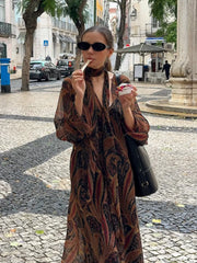 LIZAKOSHT - Fashion Boho Floral Print Maxi Dress For Women Elegant V-neck Long Sleeve A-line Dress With Scarf Lady Spring Chic Robes