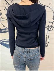LIZAKOSHT - Women Navy Lace-up Solid Knitted Long Sleeve T-Shirt Autumn Hooded Slim Sexy Tee Shirt Female Casual Simple Vintage Y2K Crop Top