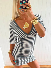 LIZAKOSHT - Casual Women Stripe Ruched Mini Dresses Fashion V-neck Puff Short Sleeve Loose Dress Summer Lady Stroll Street Commute Robe