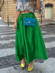 LIZAKOSHT - Retro Fashion Satin Effect Green High Waist Loose Half Skirt Women's Summer Simple Versatile A-line Large Swing Umbrella Skirts