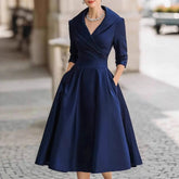 LIZAKOSHT - Women Elegant Wedding Guest Satin Dress Turndown Collar Mid-Length Waisted A-Line Evening Dress Cocktail Party Midi Dresses