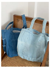 LIZAKOSHT - Vintage Casual Denim Monogram Print Shoulder Bag With Large Capacity Student Schoolbag Portable Shopping Bag
