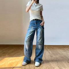 LIZAKOSHT  -  Vintage Washed Distressed Multi-pocket Cargo Pants Women Spring New High Waist All Match Casual Blue Wide Leg Jeans