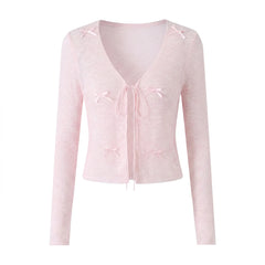 LIZAKOSHT - 7 colors CHIC Front Lacing up Knitted Bow Cardigan V neck Girl's Spring Summer Thin Sweater Full Sleeve Short Jumper Knitwear