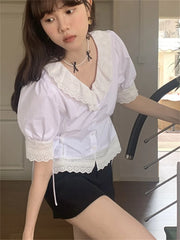 LIZAKOSHT - Stylish New Shirts Women Lace Patchwork V-Neck Elegant Slim 2024 Casual Summer Short Sleeve Sweet Gentle Daily