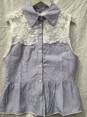 LIZAKOSHT - Lace Collar Sleeveless Peplum Blouse Collared Peplum Gingham Summer Chic Sweet Women Casual Preppy Casual Top