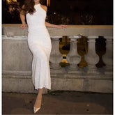 LIZAKOSHT - Spring New Women's Clothing Sequined Slanted Shoulder Slim Fit Sexy Backless Long Fishtail Dress