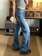 LIZAKOSHT  -  Jeans Puppy Embroidery High Waist Small Retro Design Women'S Summer Straight Slim Loose Wide Leg Pants Trendy
