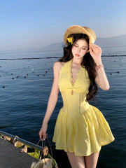 LIZAKOSHT  -  Woman Dress Sleeveless Halter V Neck Hollow Out Slim Lace Patchwork Summer Fashion Holiday Party Mini Dresses Elegant