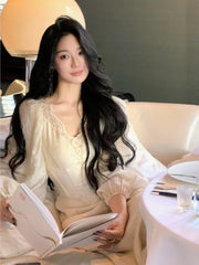 LIZAKOSHT - Autumn Lantern Sleeve Bodycon Dresses for Women Lace V-neck Slim Waist Mermaid Wedding Evening Party Dress Female Vestidos New