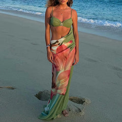 LIZAKOSHT - Cool Summer series hollow out pleated slim fit dress bikini cover sun protection sexy long skirt beach vacation print dress