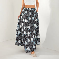 LIZAKOSHT - Women Summer Floral Print Swing Long Skirts Casual Elastic Waist Drawstring Flared A-Line Skirt