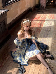 LIZAKOSHT - Japan Dress Elegant Fairy Mini Vintage Sweet Women Puff Sleeves Bow High Waist Slim Dresses Sexy Off Shoulder Party Dress