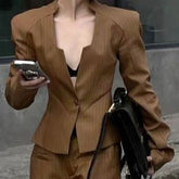 LIZAKOSHT - Striped Pants Short Blazer Outerwear 2025 New Brown V-Neck Loose Buttoned Split-Joint Wide Leg Trousers Female Clothin