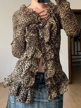 LIZAKOSHT - Sexy Leopard Chiffon Blouses for Women Ruffles Design Long Sleeve Tops Fashion Vintage Blouse Shirts Holiday Vacation