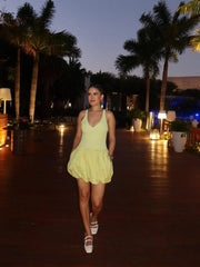 LIZAKOSHT - Yellow Ruffled Hem Patchwork Mini Dress Women Sexy Off Shoulder U-neck Backless Spaghtti Strap Dresses New Lady Chic Streetwear