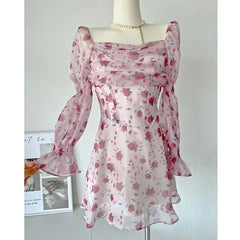 LIZAKOSHT - Korean Floral Pink Mini Dress Woman Spring Sweet Backless Long Sleeve Dress Party Elegant One Piece Princess Style A Line Dress