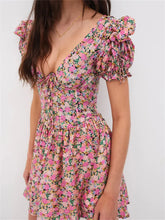 LIZAKOSHT - Retro Women Floral Print Summer Mini Dress Short Puff Sleeve Deep V Neck Backless Tie Up Party Dress Female Vestidos