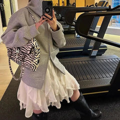 LIZAKOSHT - Ruffle Lace Splicing Half Skirt for Women Elegant and Sweet Cake Skirt High Waist Lace Chiffon Half Skirt