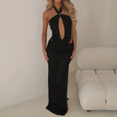 LIZAKOSHT - Solid Color Hanging Neck Lace Up Backless Hollow Slim Bodysuit+Mesh Ruched Long Skirts Beach Nightclub 2-Piece Matching Set