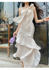 LIZAKOSHT - Elegant Mauve Prom Party Gowns Retro Waist Strap Three-dimensional Flowers Irregular Ruffle Stitching Evening Dress